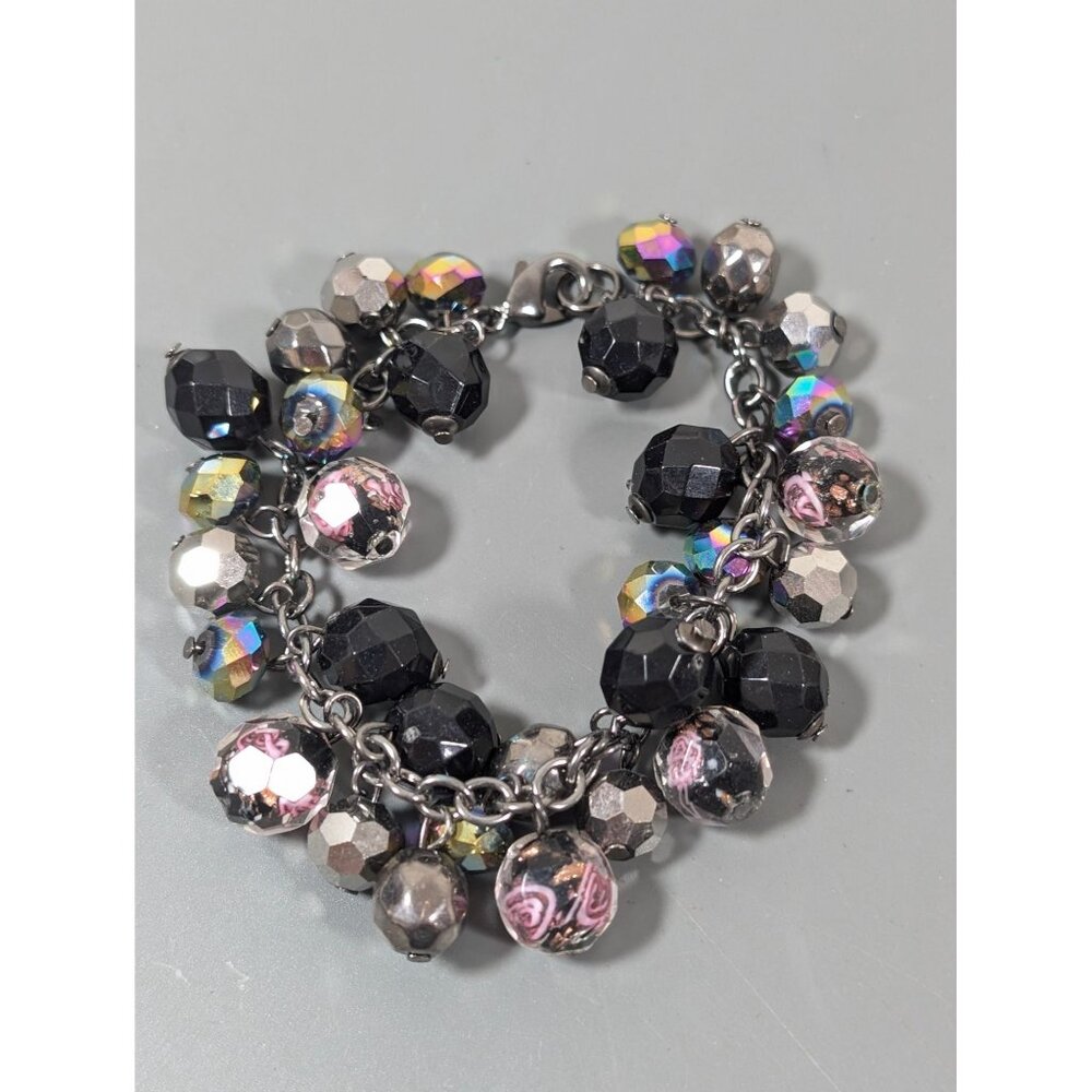 Black Pink‎ Rose Flower BEad Charm ChaCha Bracelet 7.5"